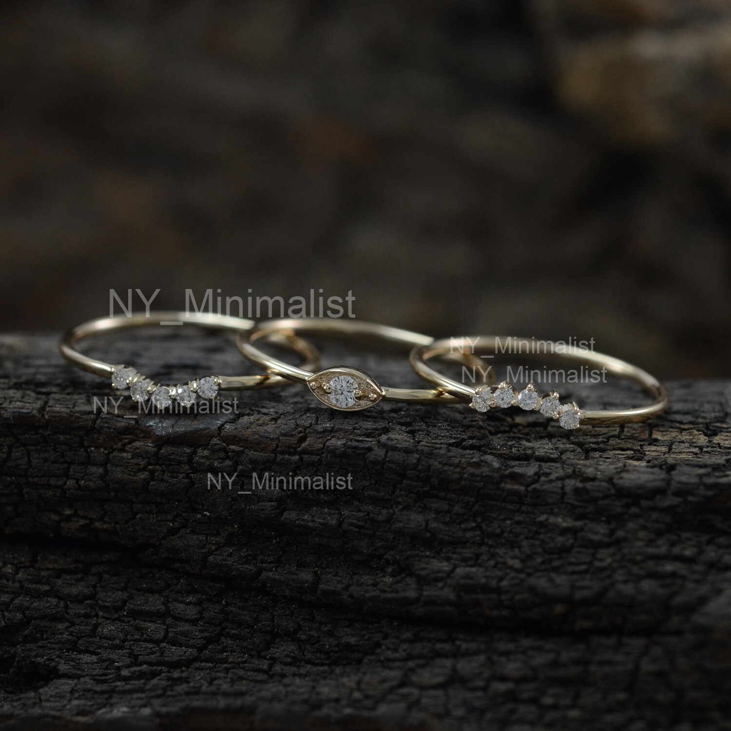 Solid 14K Yellow Gold Trio Ring Set Evil Eye Ring Genuine SI Solid 14K Yellow Gold Trio Ring Set Evil Eye Ring Genuine SI