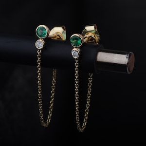 14K Gold Emerald Diamond Chain Earrings: Minimalist Fine Jewelry