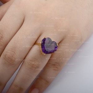 Genuine Big Heart Amethyst Gemstone Statement Ring Solid 14K Yellow Gold Love Heart Ring Minimalist Jewelry Anniversary Gift