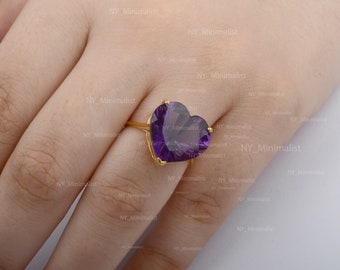 Genuine Big Heart Amethyst Gemstone Statement Ring Solid 14K Yellow Gold Love Heart Ring Minimalist Jewelry Anniversary Gift