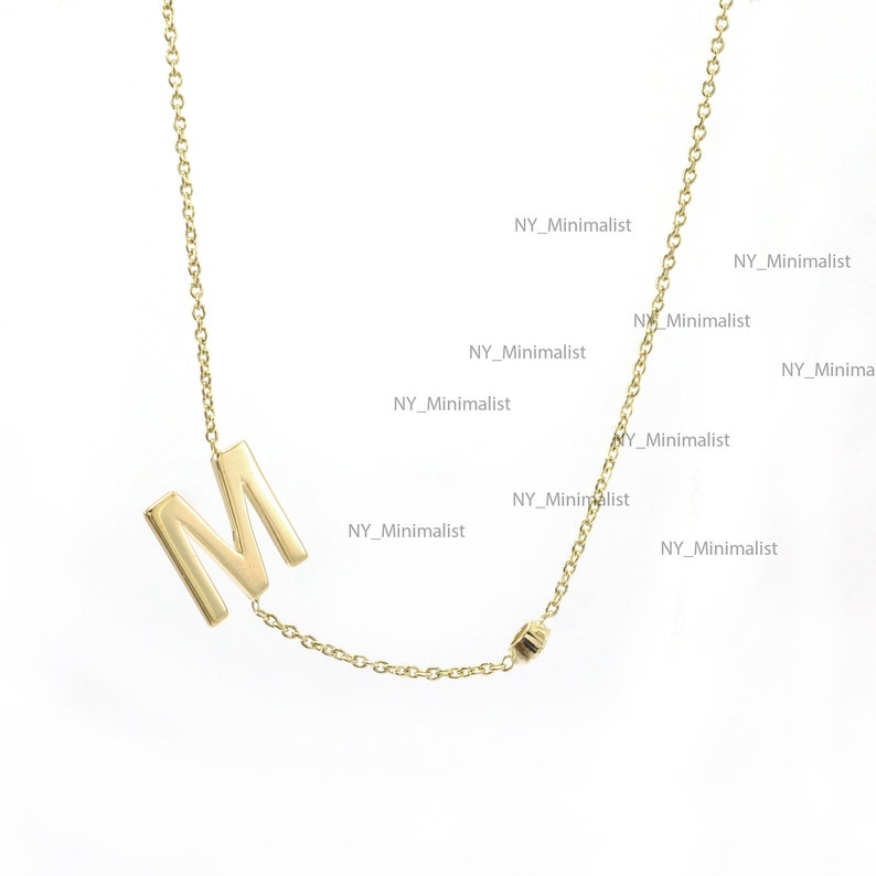 Solid 14K Yellow Gold Genuine 0.06 Ct SI Clarity G-H Color Diamond Initial M Alphabet Pendant Necklace Handmade Personalized Jewelry