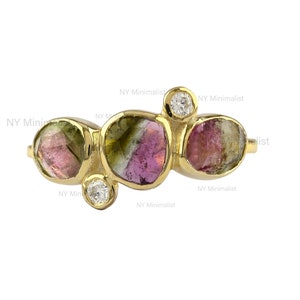 14K Gold Watermelon Tourmaline Ring: Bezel Set Diamond Accent
