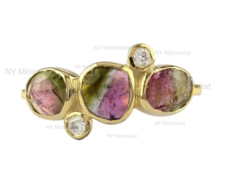 Bi Color Tourmaline Ring/ 14K Gold Watermelon Tourmaline Ring/ Bezel Set Diamond Ring/ Genuine Gemstone Ring/ NY Minimalist