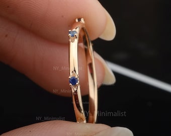Genuine Blue Sapphire Gemstone Eternity Wedding Band Ring Solid 14K Yellow Gold Handmade Minimalist Woman's Jewelry Gift Christmas