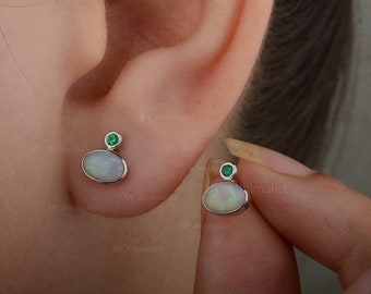 Australian Opal Emerald Stud Earrings • 14K Solid Gold Minimalist Posts