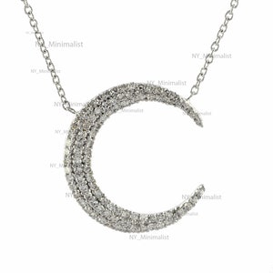 Diamond Crescent Moon Necklace: 14K White Gold Pave Horn Pendant