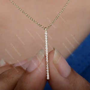 14K Gold Diamond Bar Necklace/ Genuine Pave Diamond Necklace/ Vertical Bar Necklace/ NY Minimalist Fine Jewelry/ Graduation Gift For Her