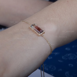 Natural Watermelon Tourmaline Bracelet/ 14K Solid Gold Bracelet/ Baguette Diamond Bracelet/ Bio Tourmaline Jewelry/ Wedding Gift For Her