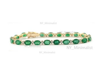 Handmade 18K Gold Zambian Emerald Diamond Tennis Bracelet