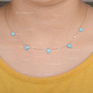Genuine Arizona Turquoise Diamond Station Choker Necklace in Solid 14K Yellow Gold Handmade Delicate Necklace Jewelry Graduating Gift