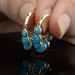 Drop Charms Huggie Hoop Earrings Six Round Sleeping Beauty Arizona Turquoise Gemstone Solid 14K Yellow Gold December Birthstone Earrings