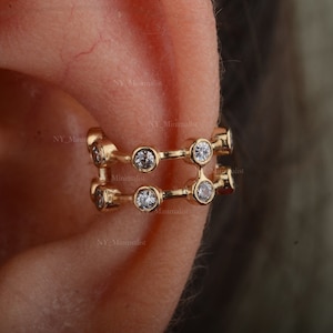 Double Eternity SI Clarity G-H Color Genuine Bezel Set Diamond Ear Cuff/ 14K Solid Gold Earring/ Cartilage Earring/ Single Piece Earring