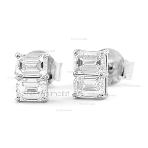 Emerald Cut Diamond Studs: 18K White Gold Baguette Earrings