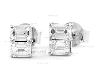 Emerald Cut Diamond Studs: 18K White Gold Baguette Earrings