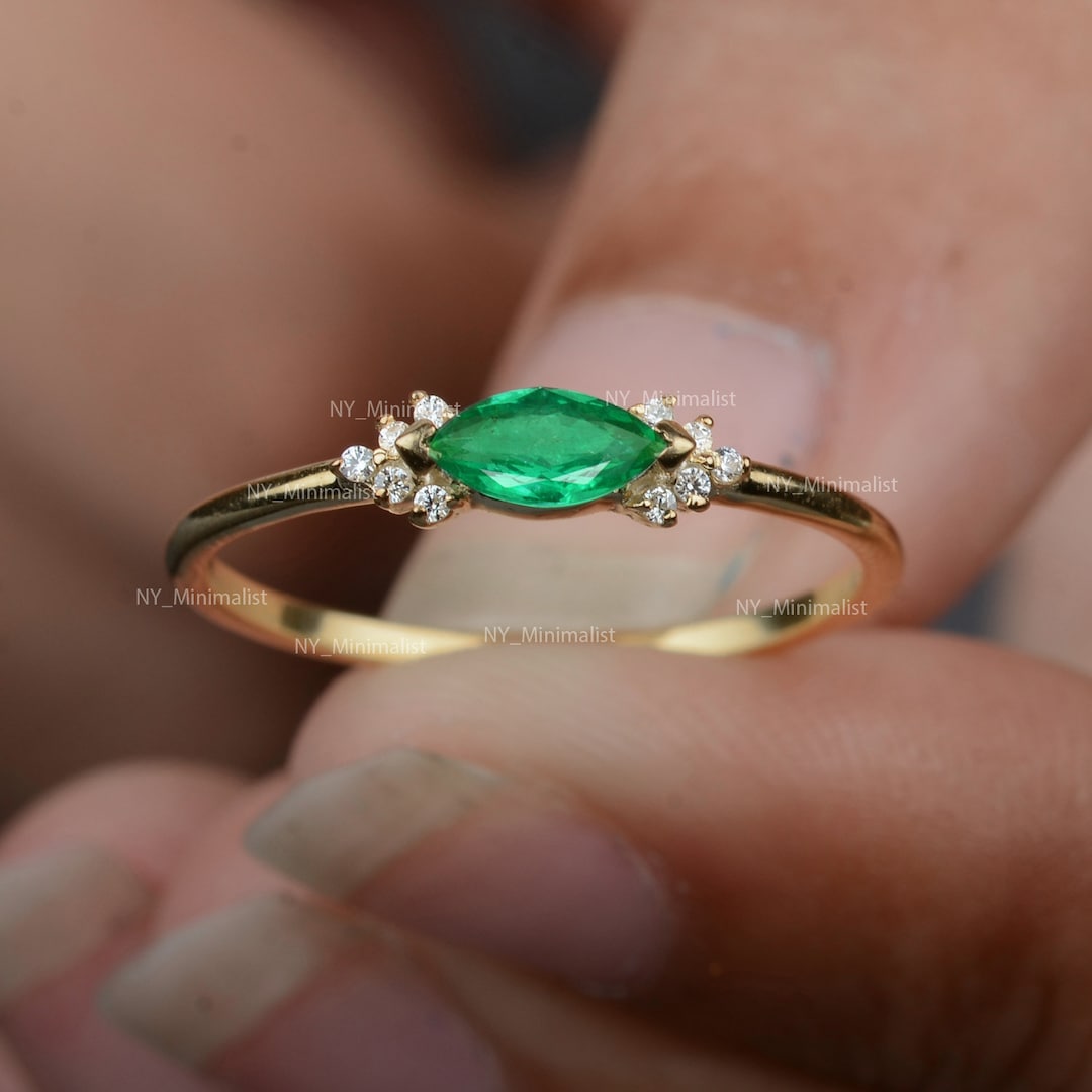 Marquise Emerald Diamond Cluster Ring - 14K Yellow Gold May Birthstone ...