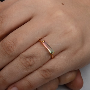 Genuine Large Unique Watermelon Tourmaline Baguette Ring, Tourmaline Engagement Ring, Unique Bi color Gemstone Ring 14K Solid Gold Jewelry
