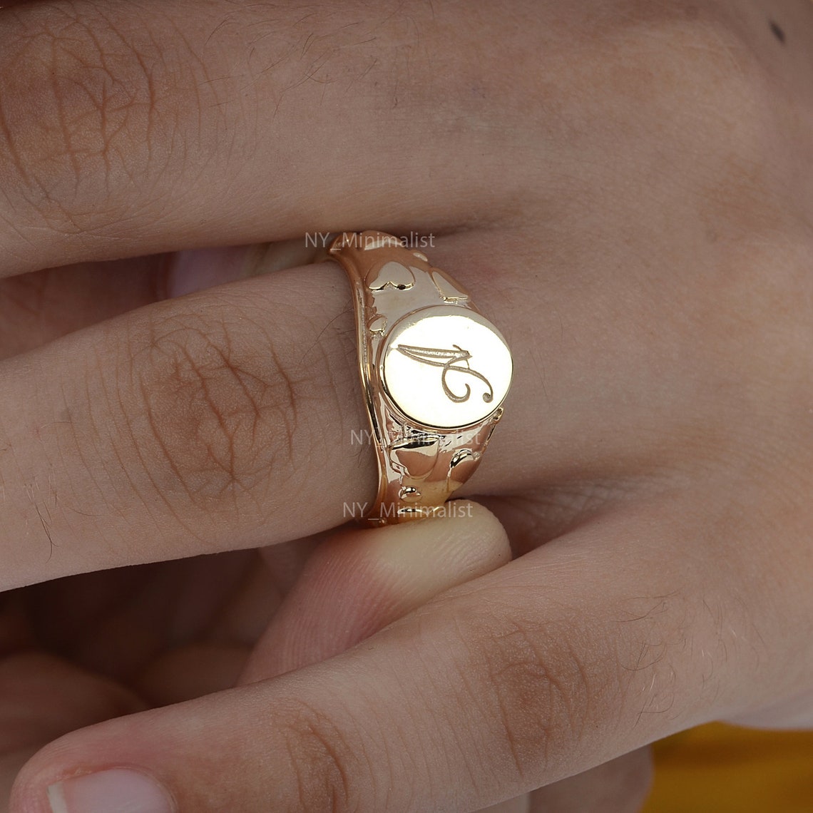 14K Solid Gold Initial Signet Ring: Personalized Letter Ring - Etsy