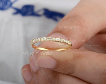 14K Yellow Gold Diamond Half Eternity Band: Minimalist Stackable Wedding Ring