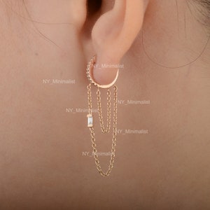 Double Chain Drop Huggie Hoop Earrings Solid 14K Yellow Gold Genuine 0.25 Ct. SI Clarity G-H Color Round Diamond and Baguette Diamond Hoops