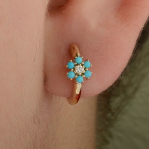 Flower Hoop Earrings / Natural Turquoise Diamond Huggie Earrings / 14K Solid Gold Earrings / December Birthstone / NY Minimalist Jewelry