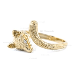 Signet Fox Cuff Ring 14K Solid Yellow Gold Real SI Clarity G-H Color Natural Diamond Handmade Fine Animal Jewelry Fox Lover Bypass Ring