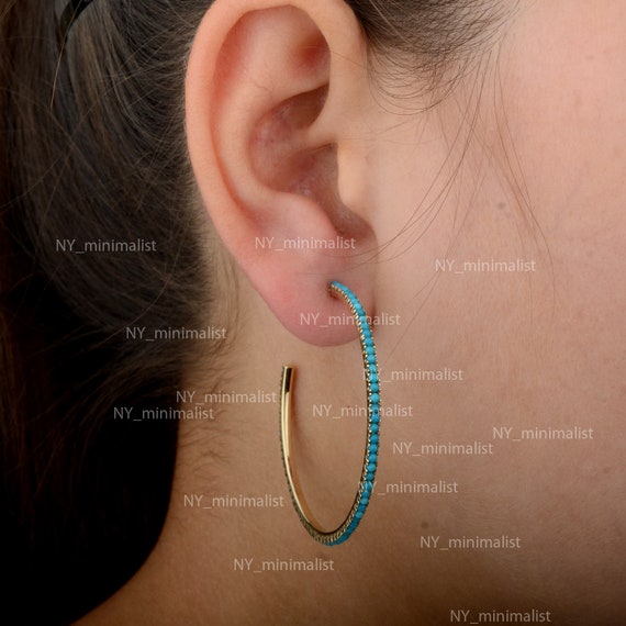 Hula Hoop Earrings 14K Solid Gold Real Sleeping Beauty Turquoise