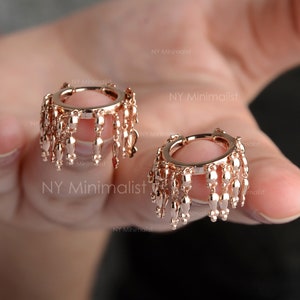 14K Solid Rose Gold Plain Tassel Eternity Huggie Hoop Earrings Minimalist Dainty Handmade Earlobe Earrings Perfect Gift For Her