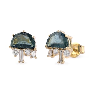 Natural Green Tourmaline Baguette Diamond & Round Diamond Stud Earrings Solid 18K Yellow Gold Earrings NY Minimalist Jewelry Gift For Her