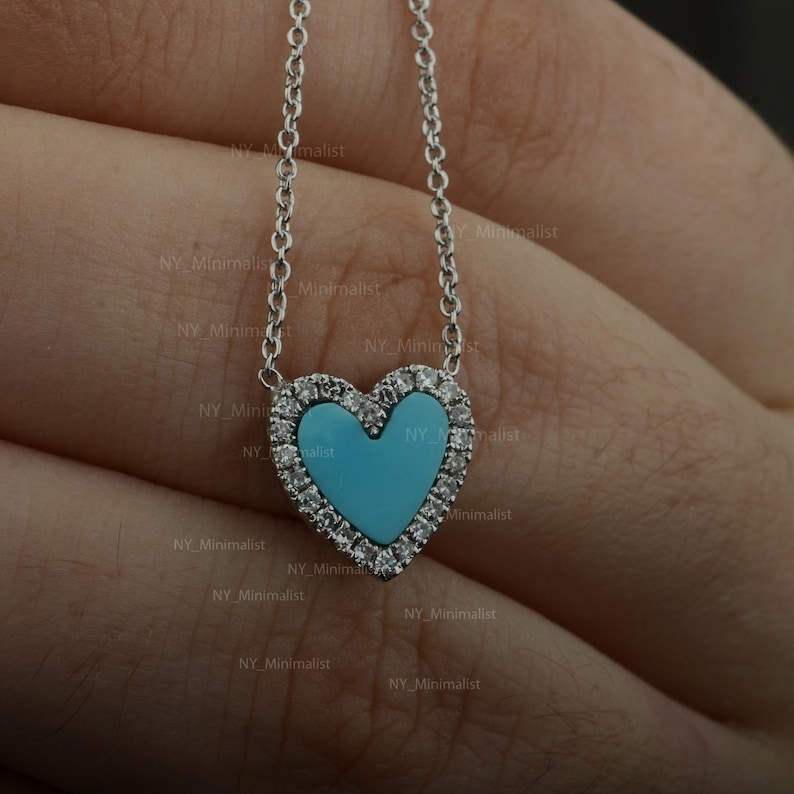 Solid 14K White Gold Real Diamond /& Turquoise Heart Gemstone Pendant Necklace Jewelry Valentine/'s Day Gift For Her