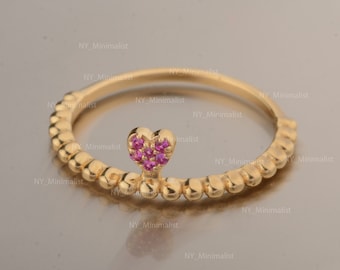 14K Solid Gold Ruby Heart Ring: Beaded Band, July Birthstone