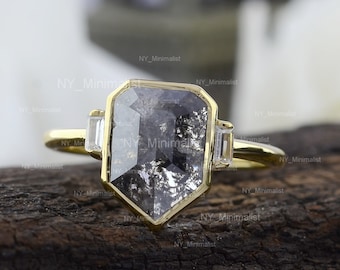Shield Salt & Pepper Diamond Ring * Black Diamond Ring * Rusting Diamond Engagement Jewelry * 14K Sold Gold Ring * Certified Diamond Ring