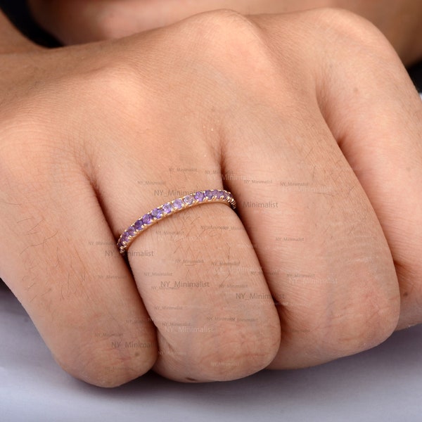 Full Eternity Band Ring, Genuine Micro Pave Amethyst Ring, 14k Solid Yellow Gold Handmade Minimalist Wedding Ring February Birthstone