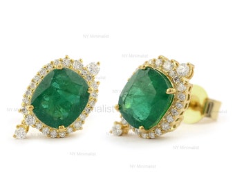 18K Gold Zambian Emerald Diamond Halo Art Deco Stud Earrings