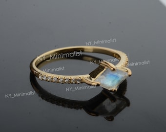 Solid 14K Yellow Gold Genuine 1.25 Ct. Rainbow Moonstone Gemstone Diamond Half Eternity Solitaire Ring Handmade Fine Jewelry Gift For Her