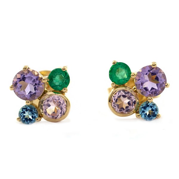 Boucles d'oreilles en or 14 carats avec pierres précieuses : saphir, améthyste, topaze, émeraude