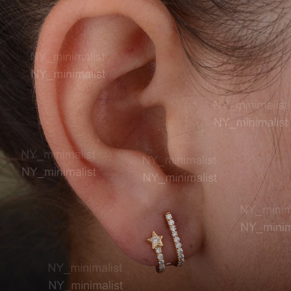 18K Solid Gold Tiny Gold Post Earrings. Solid 18K Gold Half Round Bar Studs  for Earlobe or 2nd Hole.