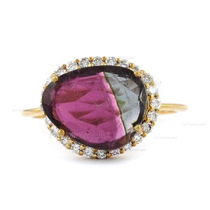 Top Quality Genuine One of Kind Rare Cocktail Watermelon Tourmaline Gemstone Diamond Halo Ring Solid 14K Yellow Gold Engagement Ring