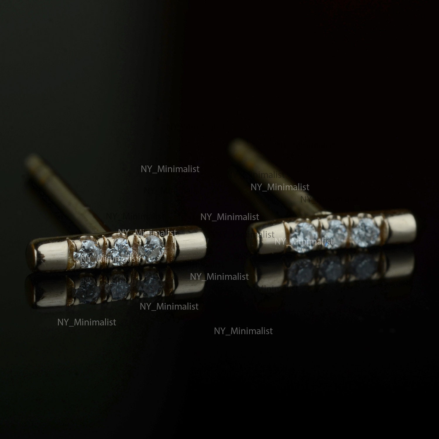 na　アクセサリー3点 Three Diamond Bar Stud Earrings Solid 14K Yellow Gold