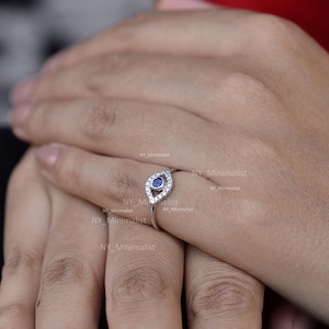 Genuine Blue Sapphire Gemstone Diamond  Evil Eye Ring in Solid 14K White Gold Engagement Wedding Band Ring Handmade Jewelry Gift
