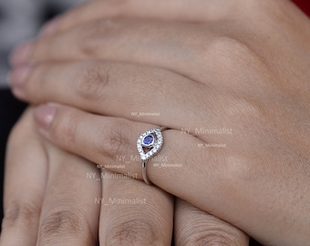 Blue Sapphire Diamond Evil Eye Ring - 14K White Gold Wedding Band