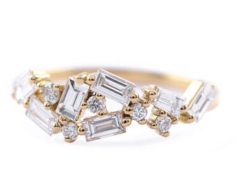 18K Yellow Gold Baguette Diamond Cluster Ring: Unique Engagement Ring