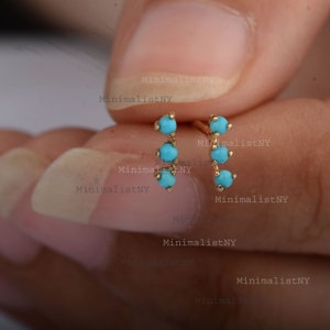 Real 0.2 Ct Sleeping Beauty Arizona Turquoise Gemstone Handmade Mini Bar Stud Earrings 14k Yellow Gold Minimalist Fine Jewelry Gift For Her