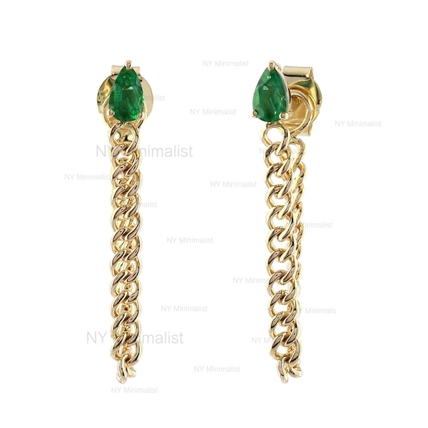 Genuine Pear Zambian Emerald Gemstone Chain Drop Earrings Solid 14K Yellow Gold Front Back Chain Earrings Minimalist Handmade Fine Jewelry