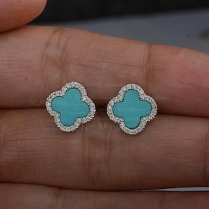 Four Leaf Clover Stud Earrings/ Solid 14K White Gold Studs/ Genuine Turquoise and Diamond Clover Earrings/ Good Luck Jewelry NY Minimalist