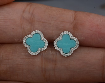 14K White Gold Four Leaf Clover Stud Earrings: Turquoise & Diamond