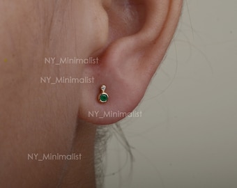 Natural 0.10 Ct. Zambia Emerald Gemstone SI Clarity G-H Color Diamond Mini Stud Earrings Solid 14K Yellow Gold Minimalist Jewelry Gift Ideas