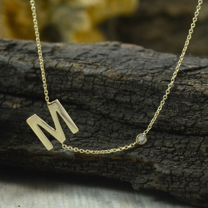 Solid 14K Yellow Gold Genuine 0.06 Ct SI Clarity G-H Color Diamond Initial M Alphabet Pendant Necklace Handmade Personalized Jewelry
