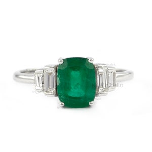 Emerald Engagement Ring/ 14K White Gold Emerald Ring/ Natural Cushion Cut Emerald & Baguette Diamond Ring/ Certified Five Stone Ring