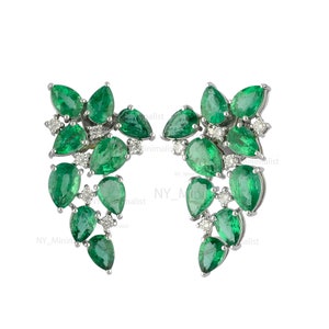 Natural Pear Shape Emerald and Diamond Stud Earrings/ Solid 18K White Gold Zambian Emerald Cluster Earrings/ Certified Wedding Earrings