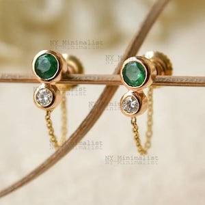 Solid 14K Yellow Gold Front Back Chain Earrings Genuine Zambia Emerald Gemstone Diamond Chain Drop Earrings Minimalist Fine Jewelry